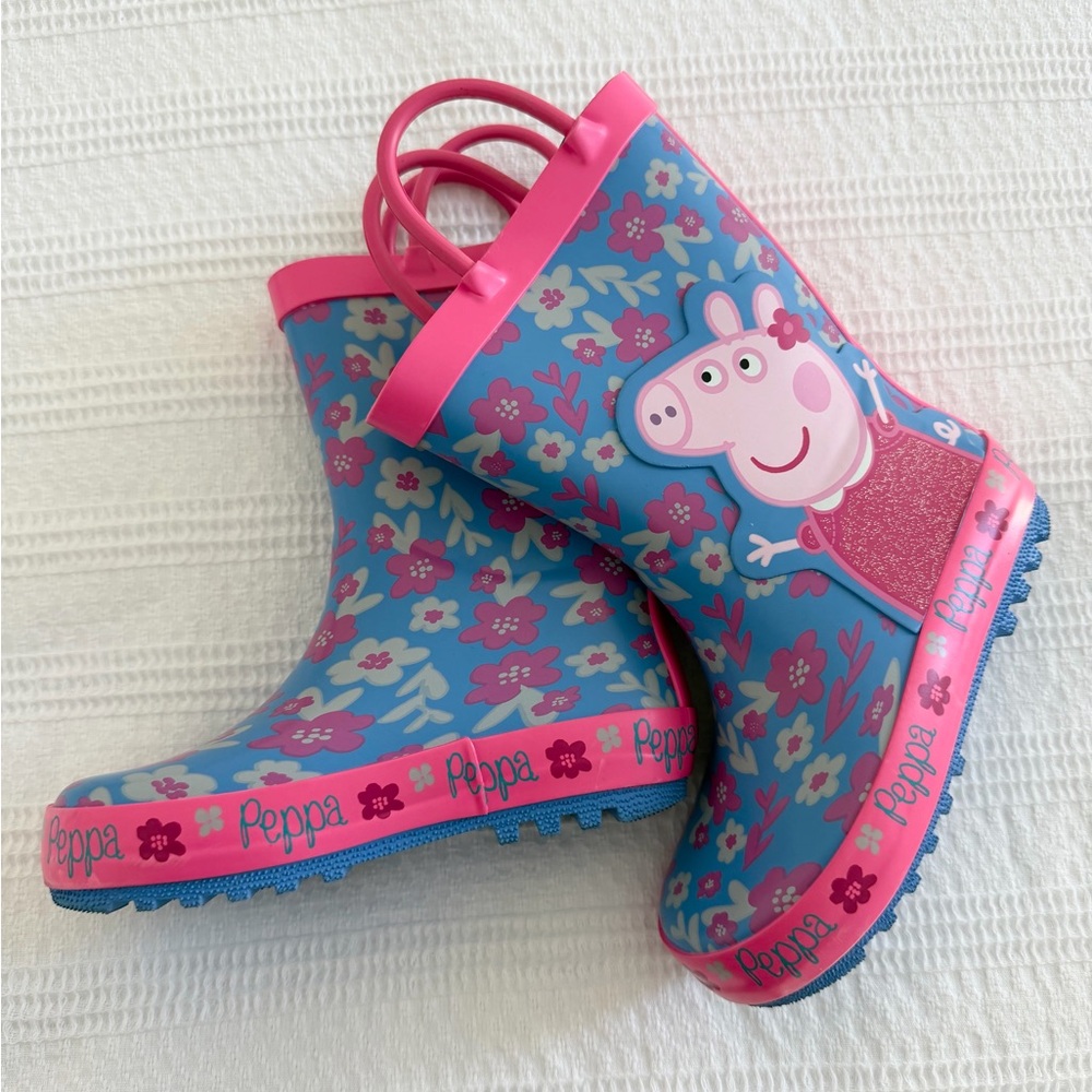 Peppa Pig Pink and Blue Floral Rain Boots- Used Great Condition!